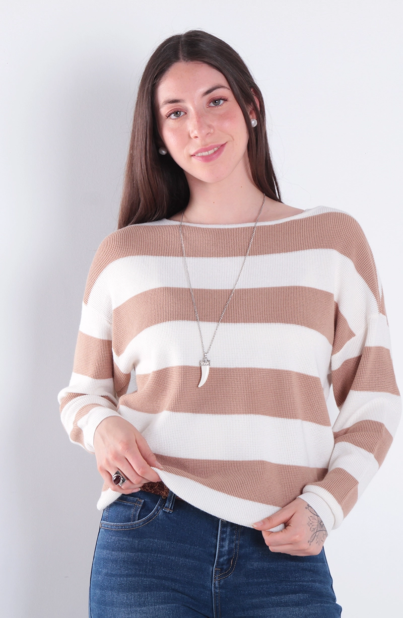 SWEATER MANGA LARGA LISTADO ESCOTE BOTE - 1