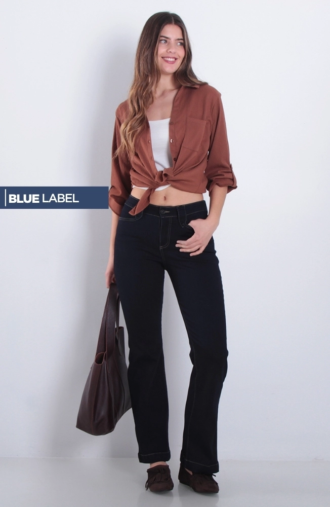 JEANS MUJER FLARE TIRO ALTO PRETINA BASICA 1 BOTON - 1