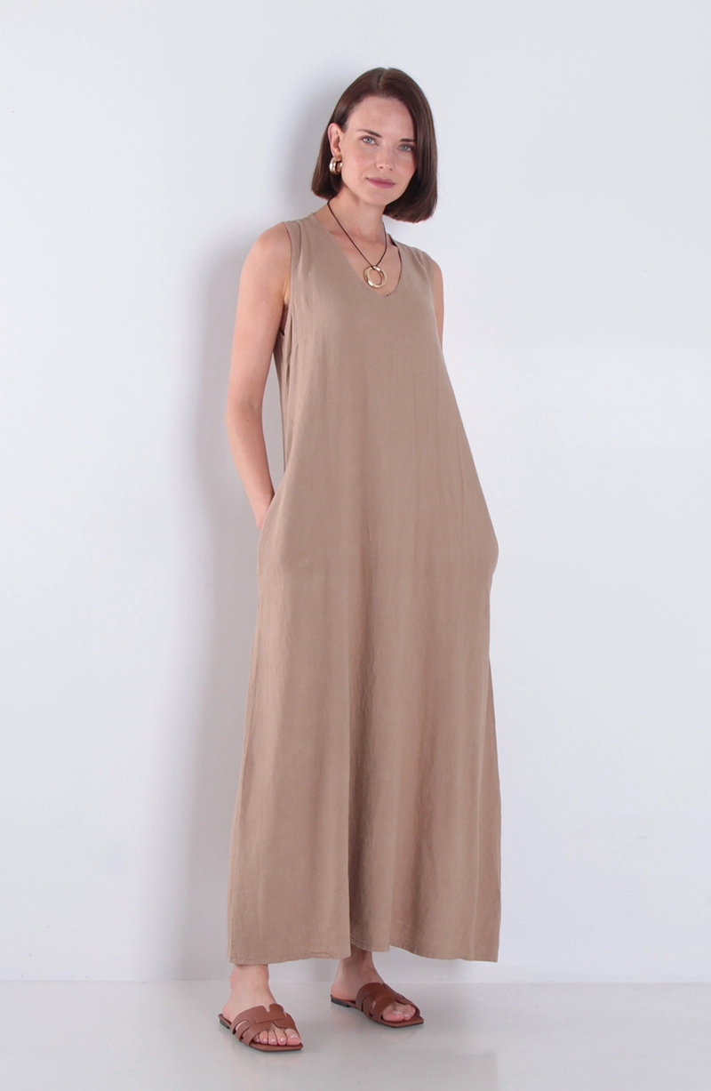 VESTIDO SIN MANGA LINO CON BOLSILLOS ESCOTE V - 1