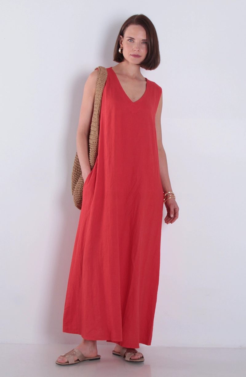 VESTIDO SIN MANGA LINO CON BOLSILLOS ESCOTE V - 1