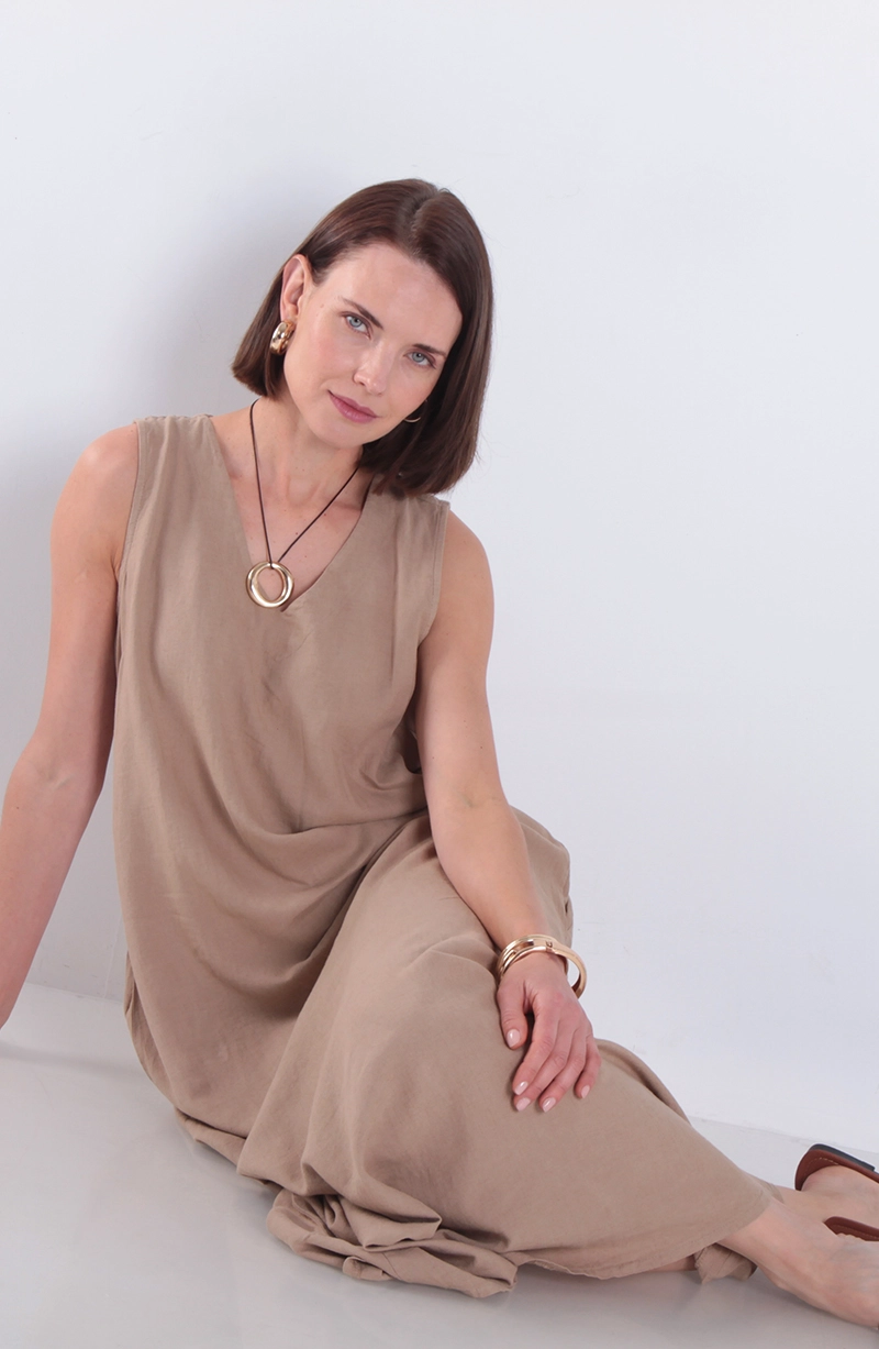 VESTIDO SIN MANGA LINO CON BOLSILLOS ESCOTE V - 3