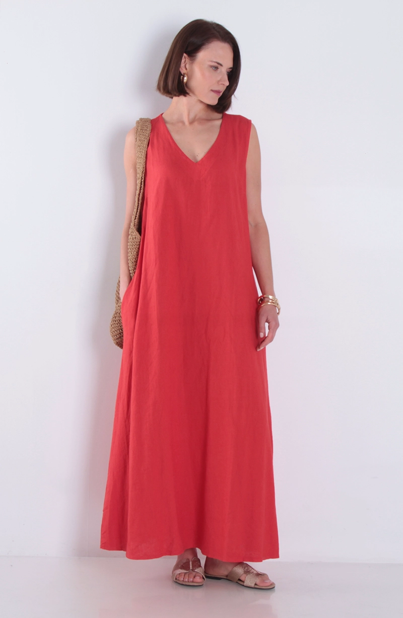 VESTIDO SIN MANGA LINO CON BOLSILLOS ESCOTE V - 3