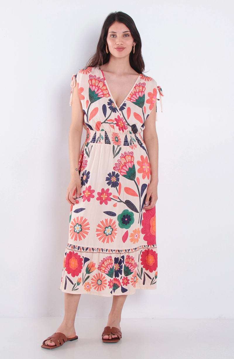 VESTIDO ESTAMPADO MANGA CORTA ESCOTE V CON CINTURA ELASTICA - 1