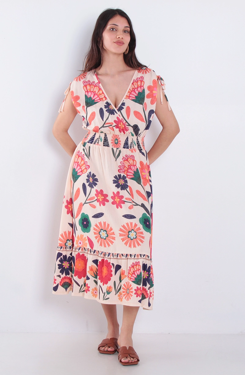 VESTIDO ESTAMPADO MANGA CORTA ESCOTE V CON CINTURA ELASTICA - 3