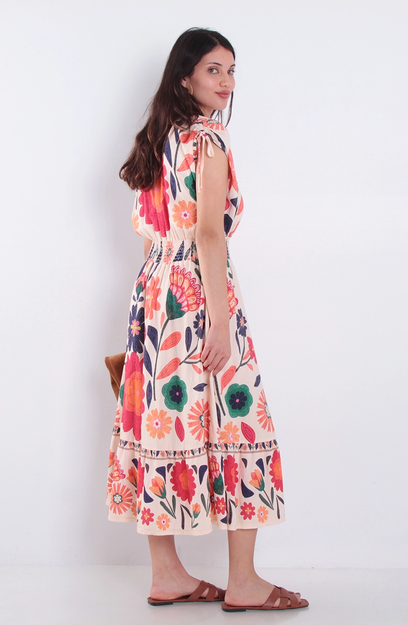 VESTIDO ESTAMPADO MANGA CORTA ESCOTE V CON CINTURA ELASTICA - 4