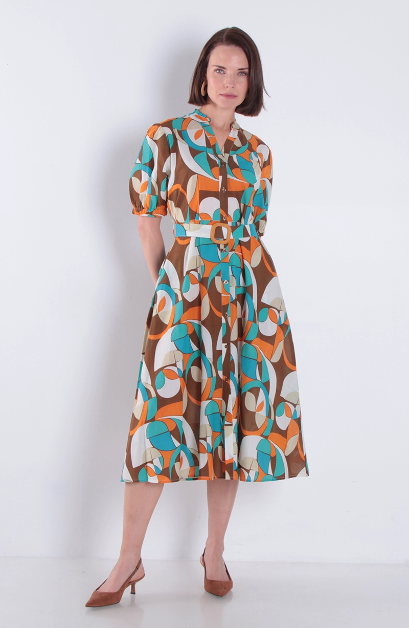 VESTIDO ESTAMPADO MANGA CORTA CON CINTURON ESCOTE V - 1