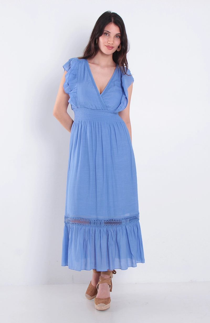 VESTIDO MANGA CORTA ESCOTE V ELASTICADO EN CINTURA - 1
