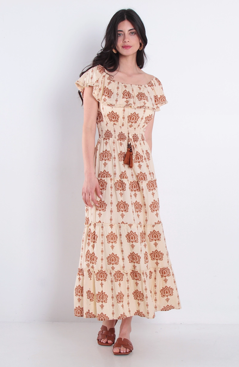 VESTIDO ESTAMPADO MANGA CORTA CON CINTURA Y ESCOTE ELASTICA - 1