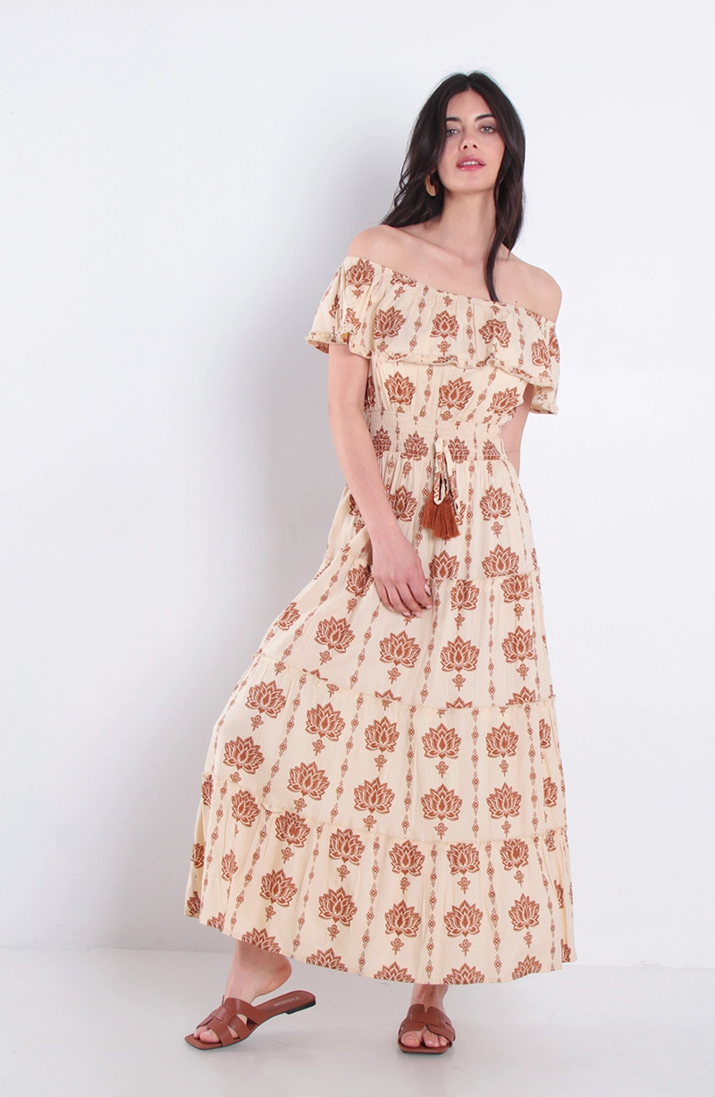 VESTIDO ESTAMPADO MANGA CORTA CON CINTURA Y ESCOTE ELASTICA - 3