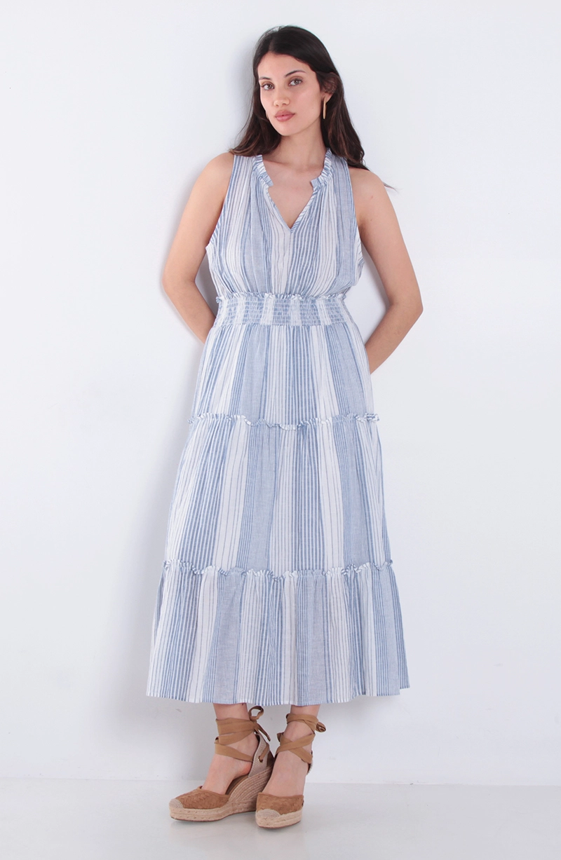 VESTIDO LISTADO SIN MANGA ESCOTE V CON CINTURA ELASTICADA - 1