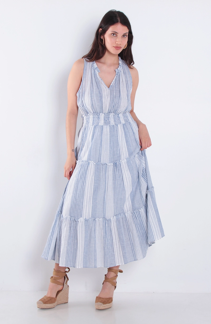 VESTIDO LISTADO SIN MANGA ESCOTE V CON CINTURA ELASTICADA - 3