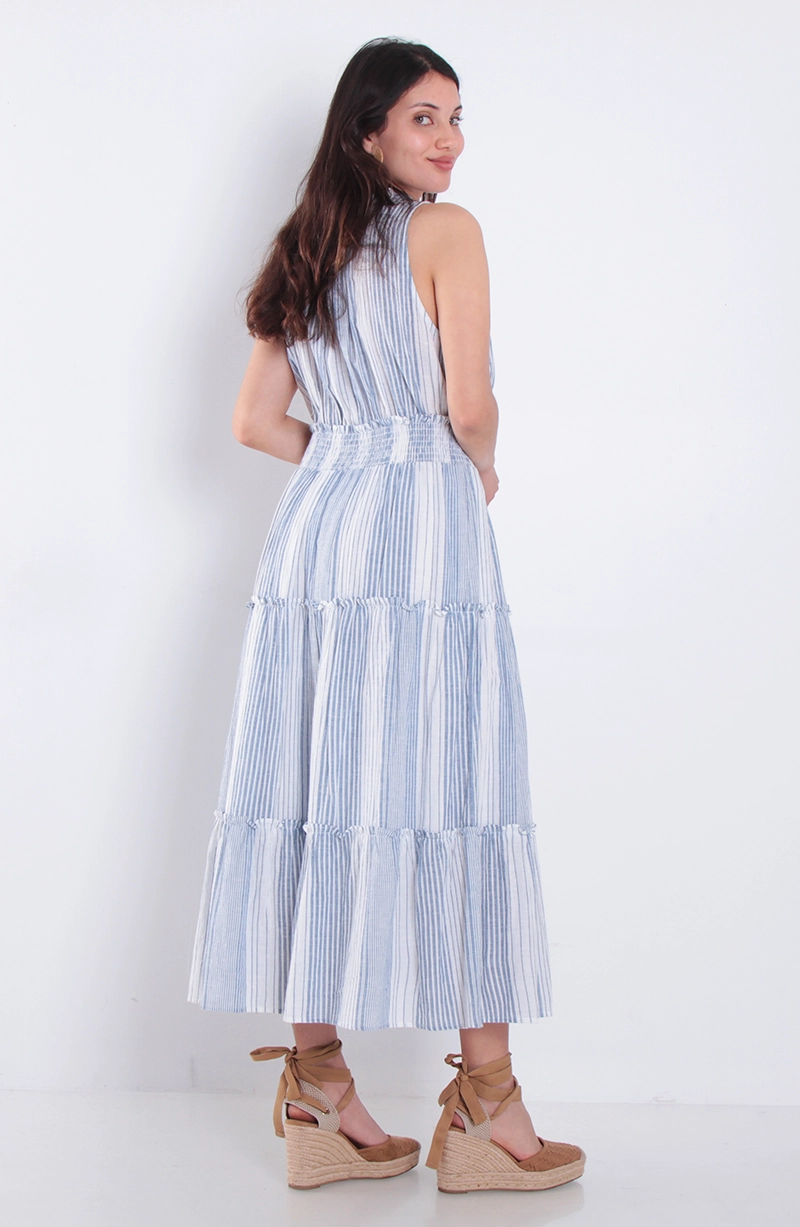 VESTIDO LISTADO SIN MANGA ESCOTE V CON CINTURA ELASTICADA - 4
