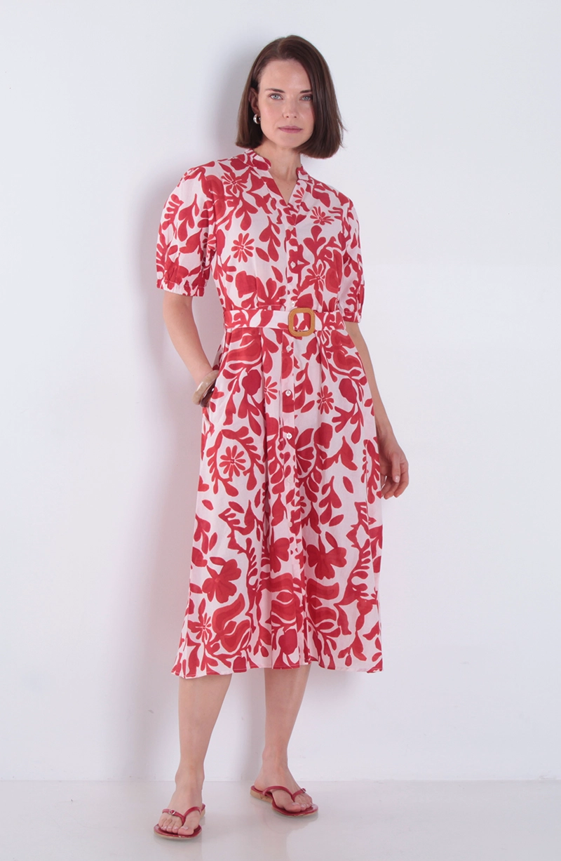 VESTIDO ESTANMPADO MANGA CORTA CON CINTURON ESCOTE V - 1