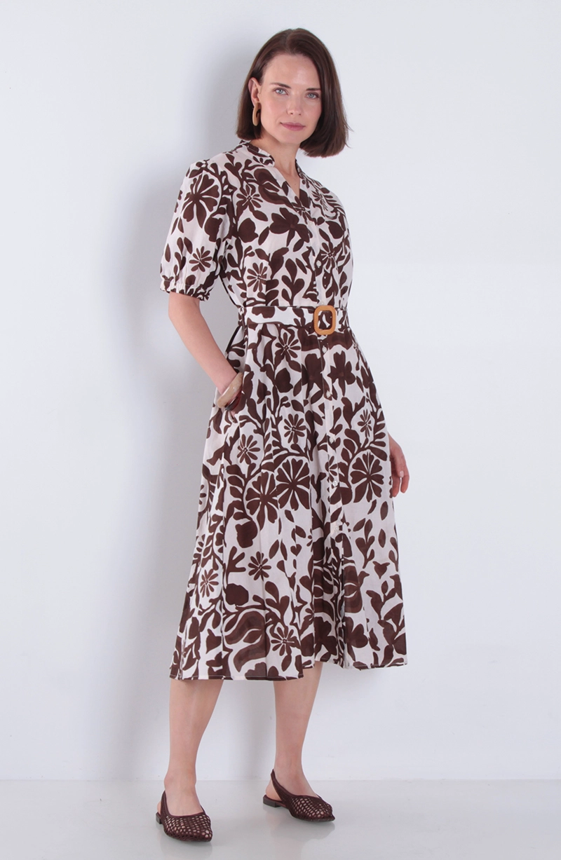 VESTIDO ESTANMPADO MANGA CORTA CON CINTURON ESCOTE V - 1