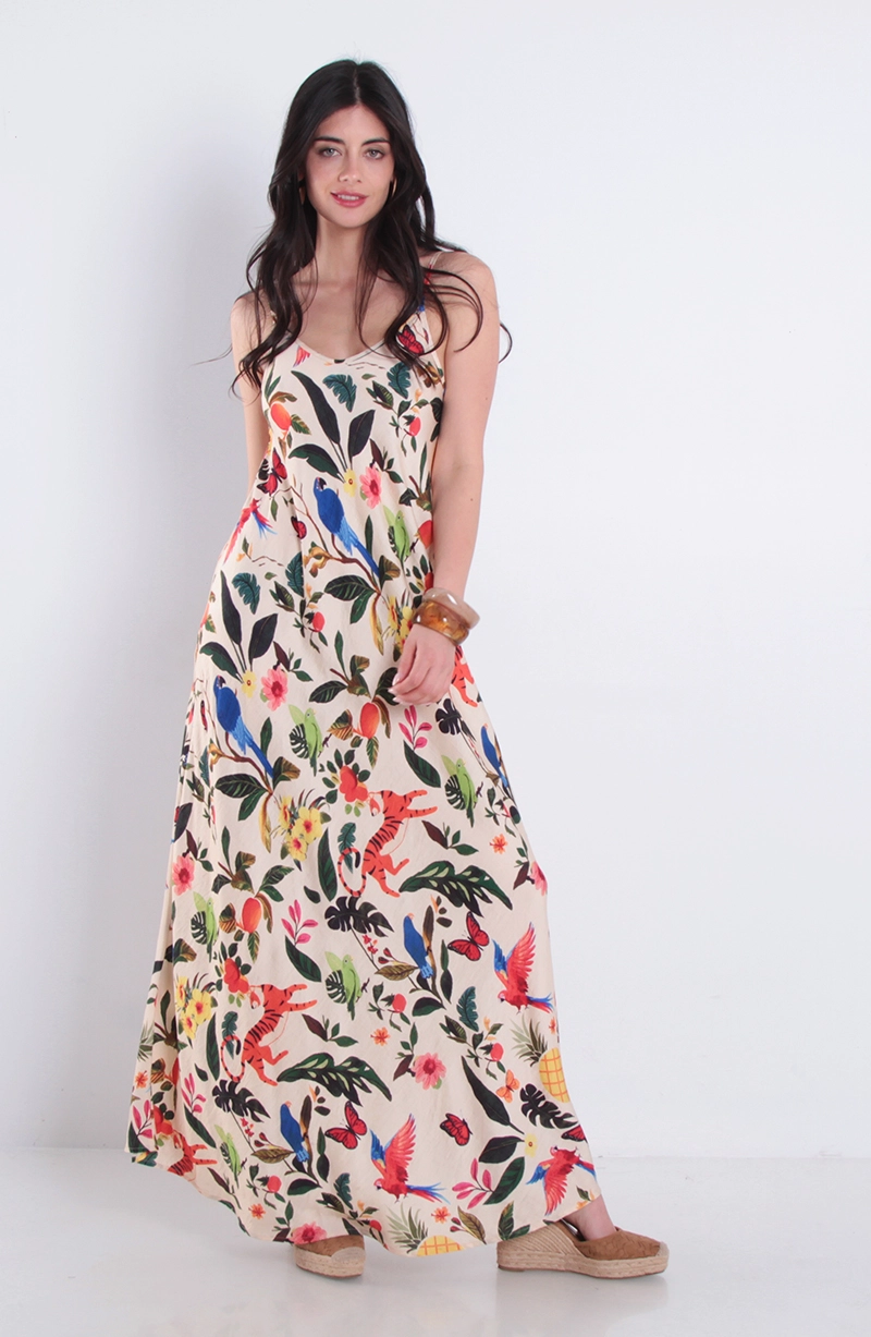 VESTIDO ESTAMPADO SIN MANGA ESCOTE V - 1