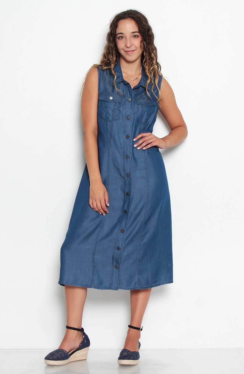 VESTIDO SIN MANGA TENCEL ABOTONADA EN DELANTERO Y BOLSILLOS - 3