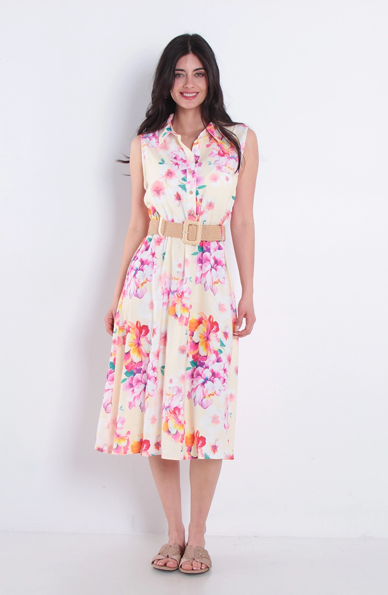VESTIDO ESTAMPADO SIN MANGA ABOTONADO CON CINTURON - 1