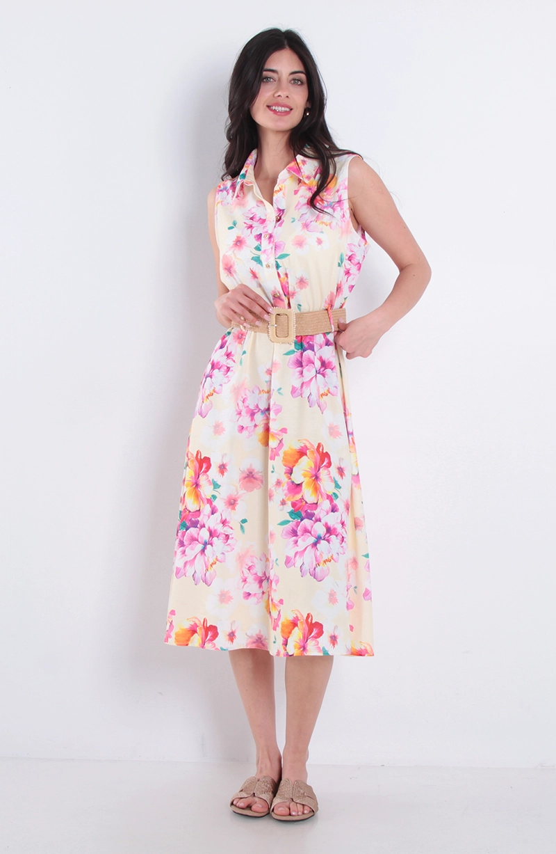 VESTIDO ESTAMPADO SIN MANGA ABOTONADO CON CINTURON - 3