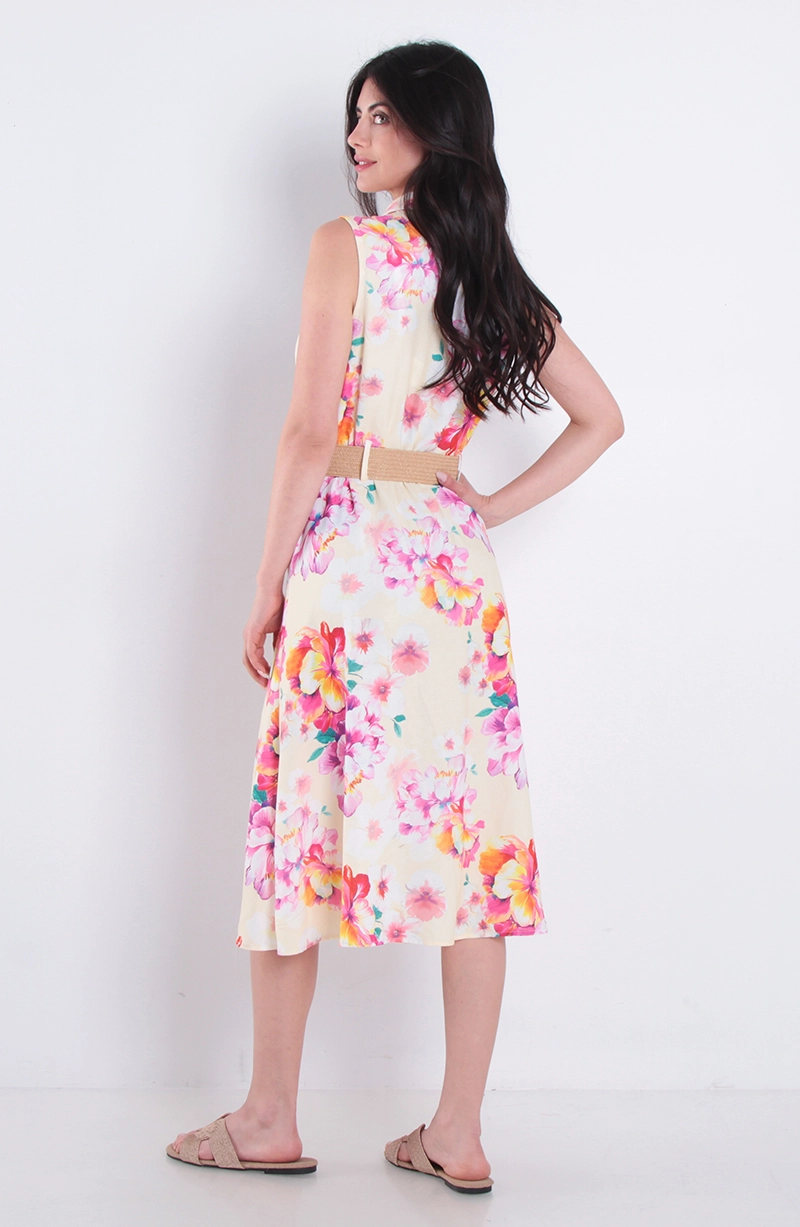 VESTIDO ESTAMPADO SIN MANGA ABOTONADO CON CINTURON - 4