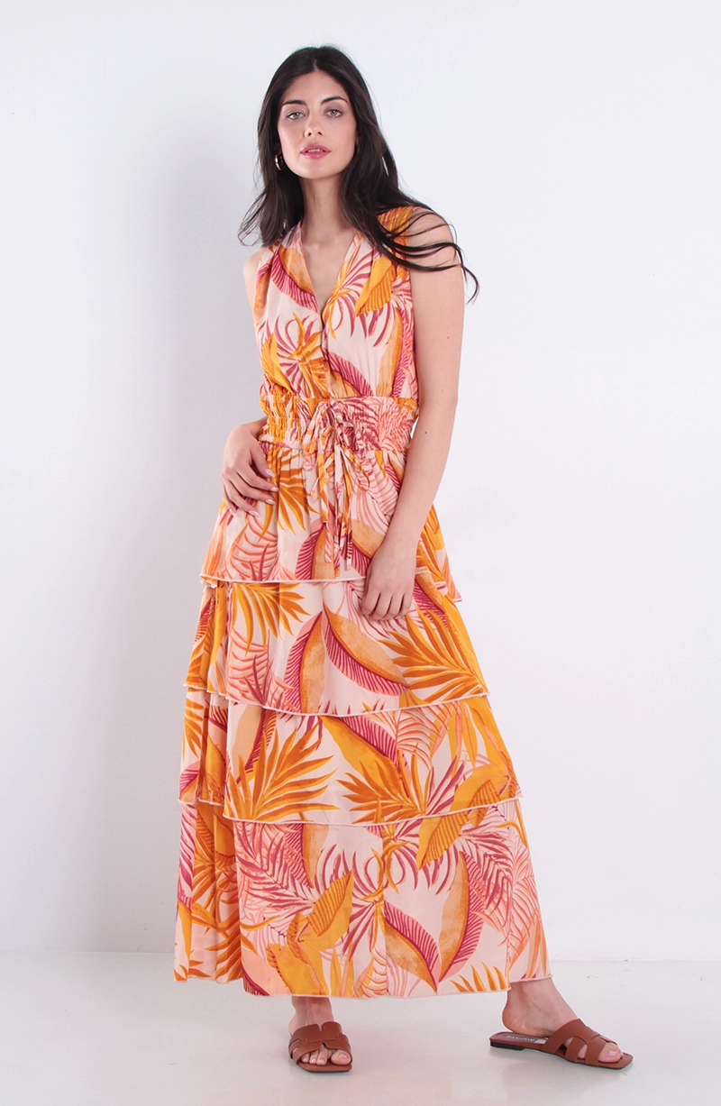 VESTIDO ESTAMPADO SIN MANGA ESCOTE V CON CINTURA ELASTICADA - 1