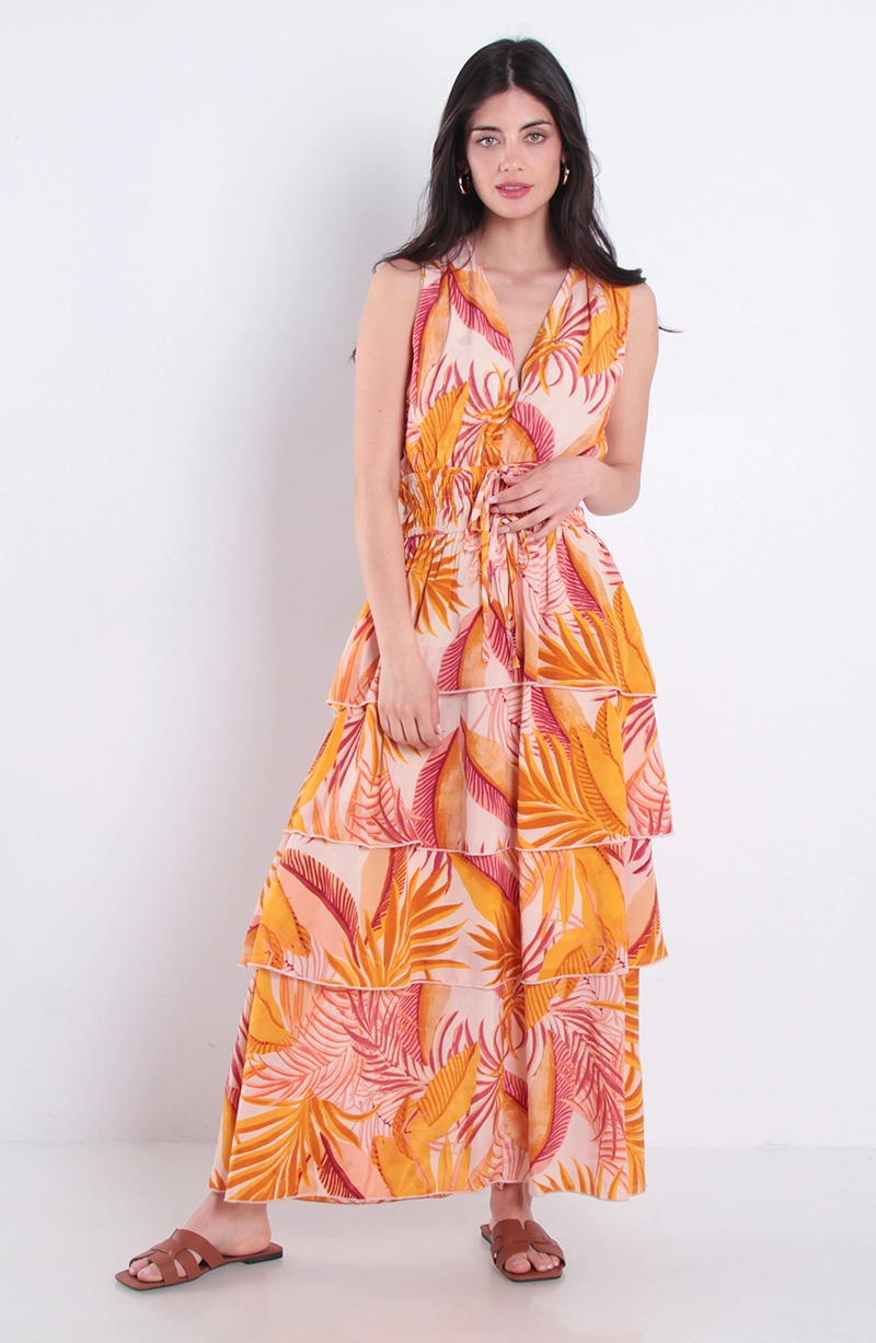 VESTIDO ESTAMPADO SIN MANGA ESCOTE V CON CINTURA ELASTICADA - 3