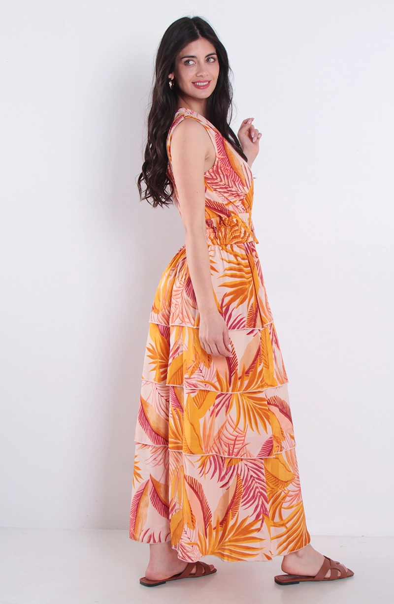 VESTIDO ESTAMPADO SIN MANGA ESCOTE V CON CINTURA ELASTICADA - 4