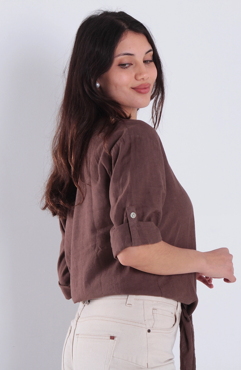 BLUSA LINO MANGA 3/4 ESCOTE V CON NUDO EN RUEDO - 4