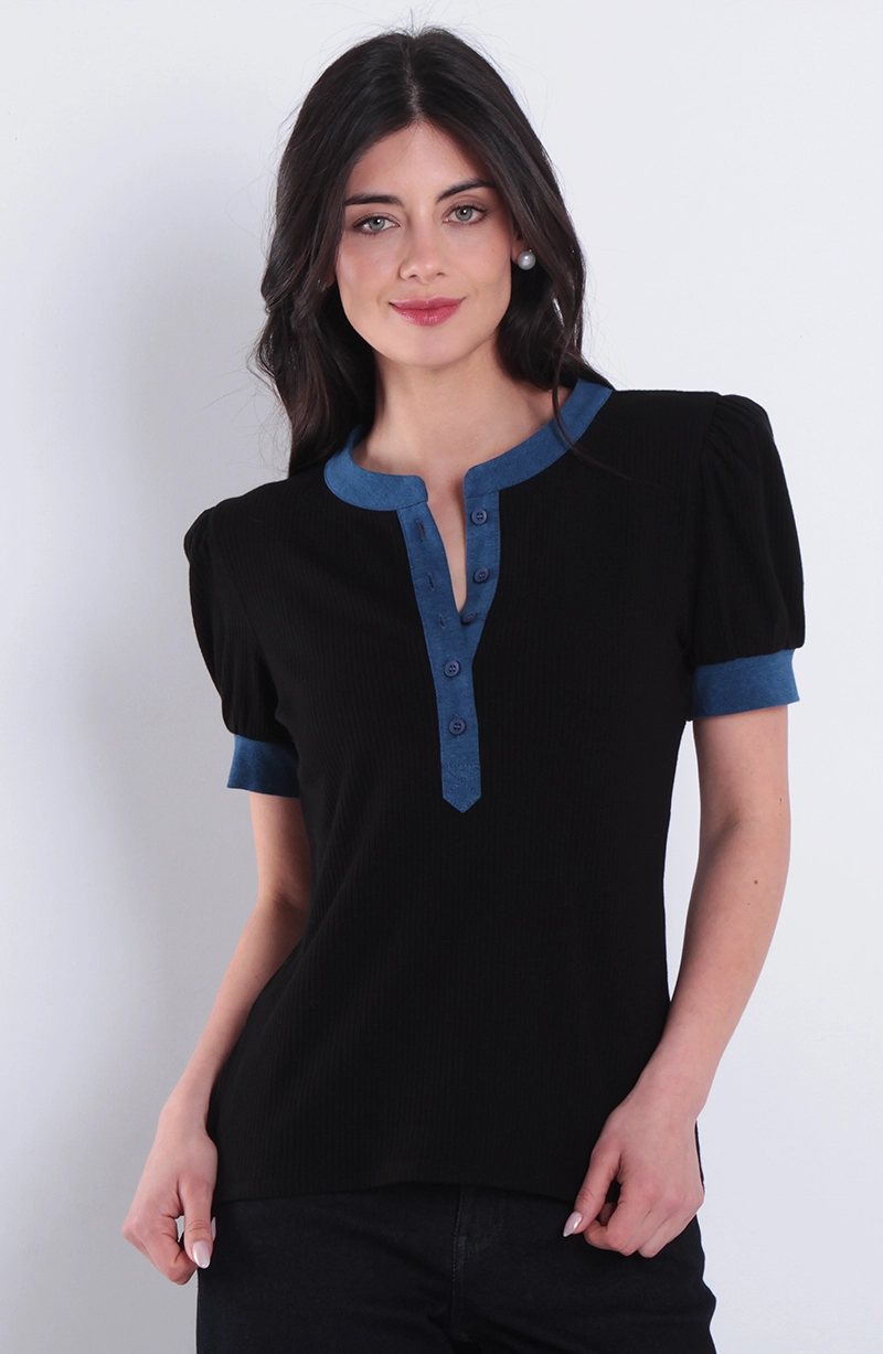 POLERA MANGA CORTA ESCOTE REDONDO EN COLOR INDIGO - 1