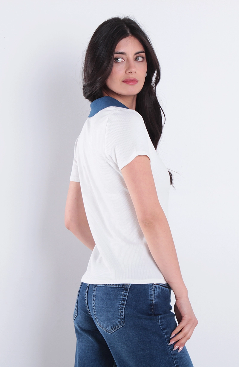 POLERA MANGA CORTE ESCOTE V CON CUELLO INDIGO - 4