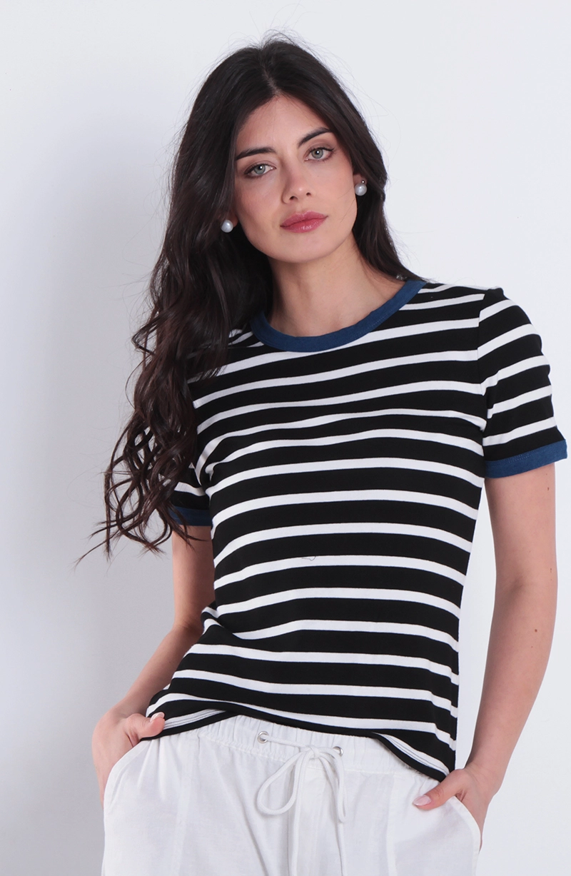 POLERA LISTADA MANGA CORTA ESCOTE REDONDO EN COLOR INDIGO - 1