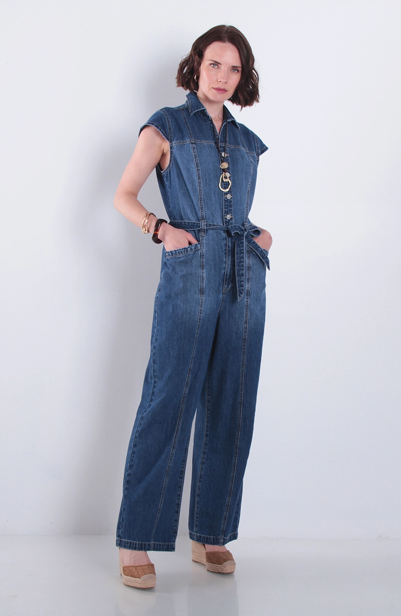 ENTERITO DENIM MANGA CORTA  CON LAZO EN CINTURA - 1