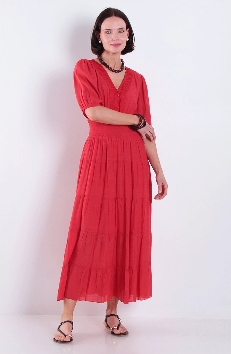 VESTIDO MANGA 3/4 ESCOTE V Y CINTURA ELASTICADA - 1