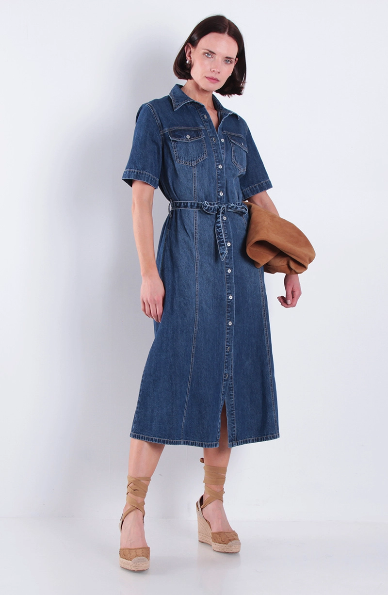 VESTIDO MANGA CORTA DENIM Y LAZO EN  CINTURA - 1