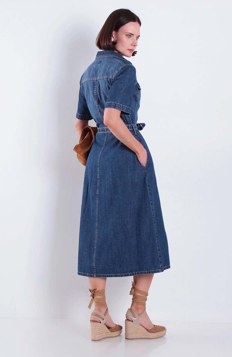 VESTIDO MANGA CORTA DENIM Y LAZO EN  CINTURA - 4