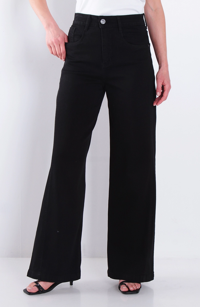JEANS WIDE TIRO ALTO PRETINA BASICA CON CORTES EN PIERNAS - 1
