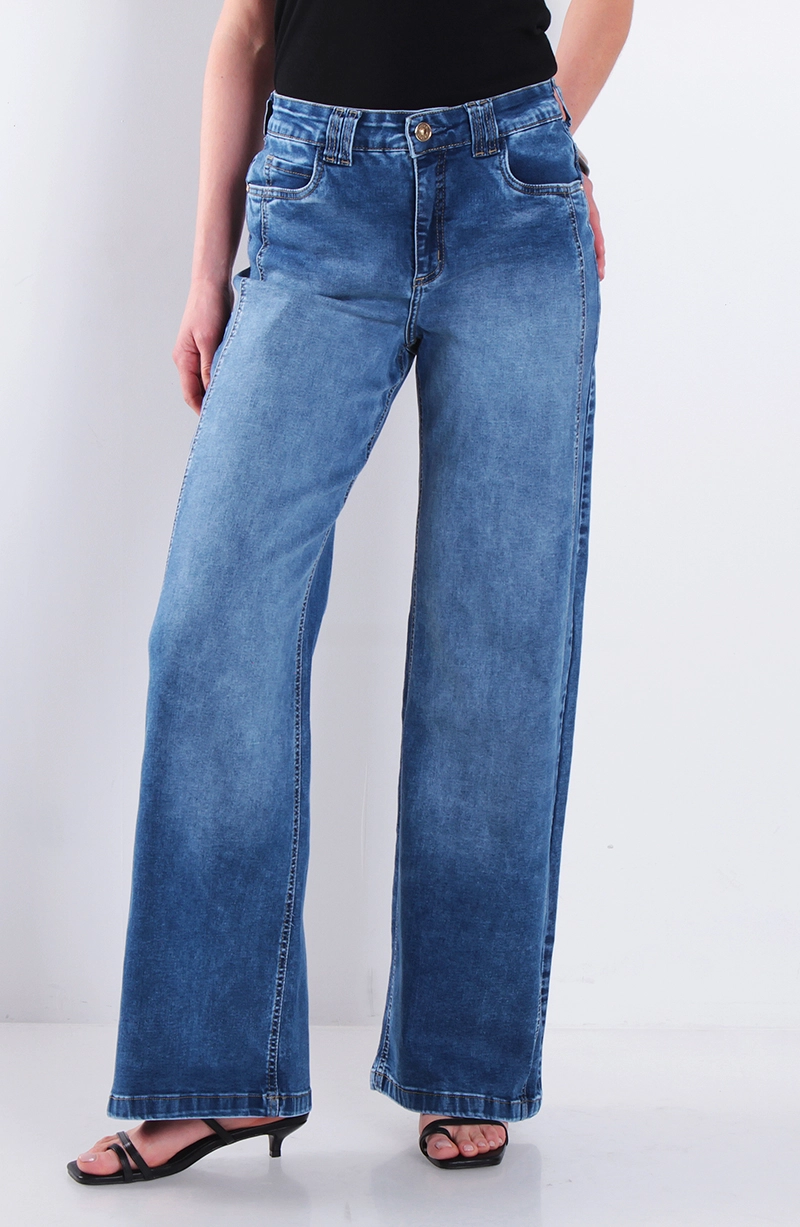 JEANS MUJER WIDE LEG TIRO ALTO PRETINA BASICA 1 BOTON - 1