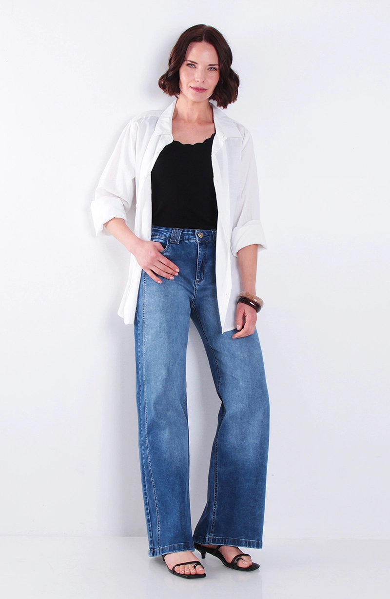 JEANS MUJER WIDE LEG TIRO ALTO PRETINA BASICA 1 BOTON - 3