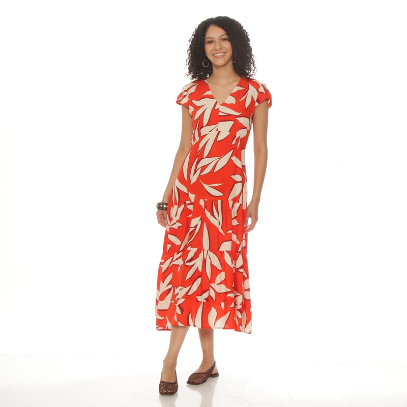 VESTIDO MANGA CORTA ESTAMAPADA ESCOTE V CONCORTE EN CINTURA - 1