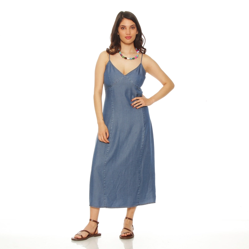 VESTIDO SIN MANGA TENCEL ESCOTE V CON CORTE EN DELANTERO - 1