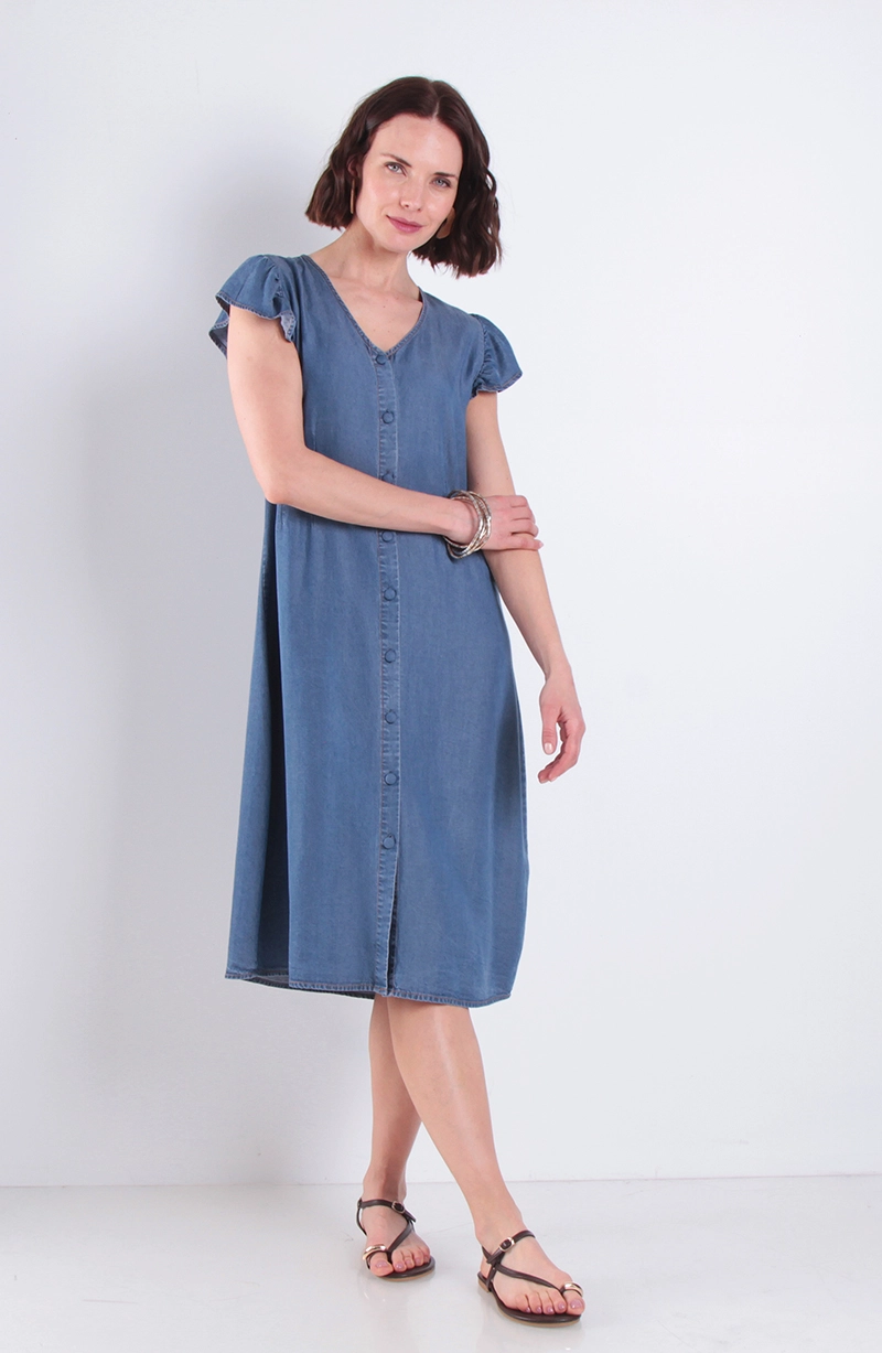 VESTIDO TENCEL MANGA CORTA ESCOTE V ABOTONADO EN DELANTERO - 1