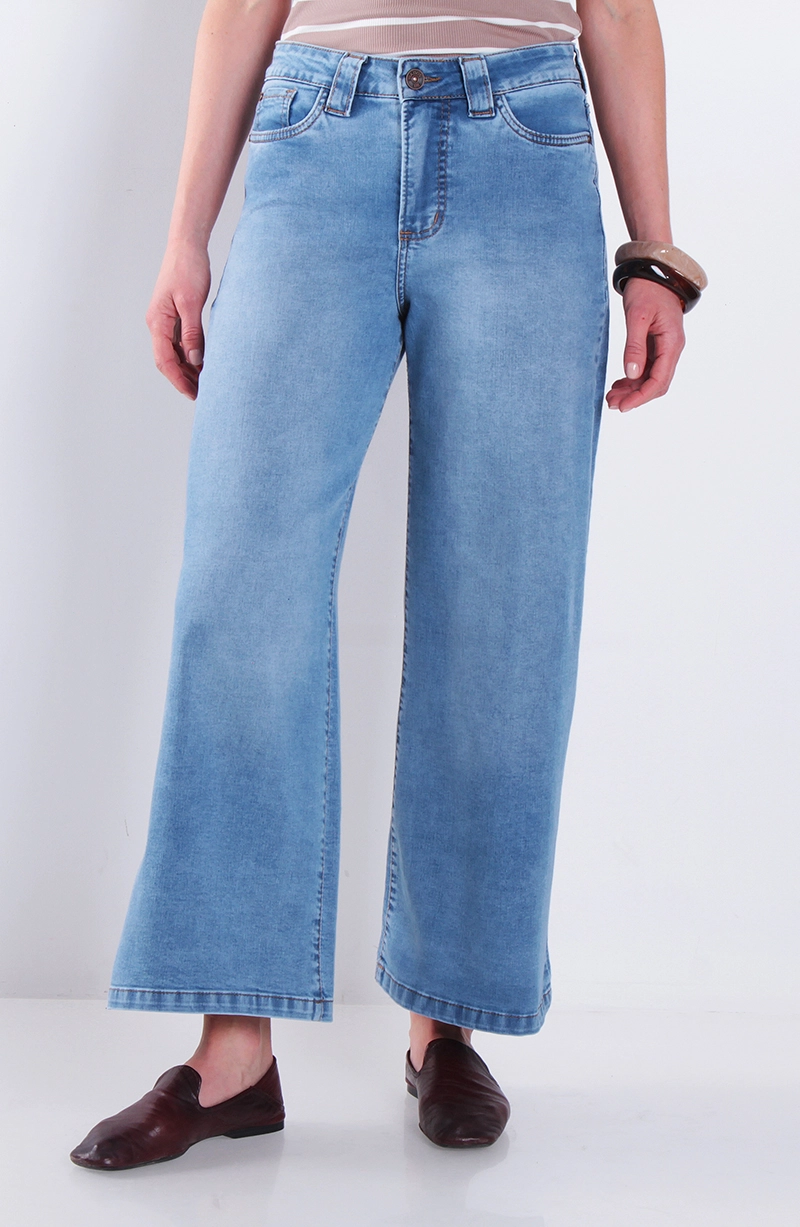 JEANS MUJER CROPED WIDE LEG TIRO ALTO PRETINA BASICA BOTON - 1