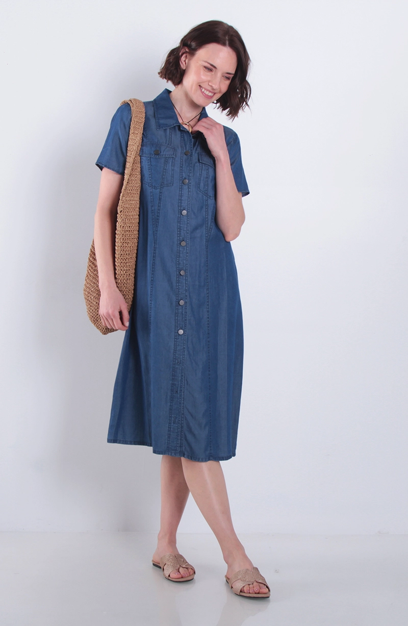 VESTIDO MANGA CORTA TENCEL ABOTONADA DELANTERO Y BOLSILLLOS - 1