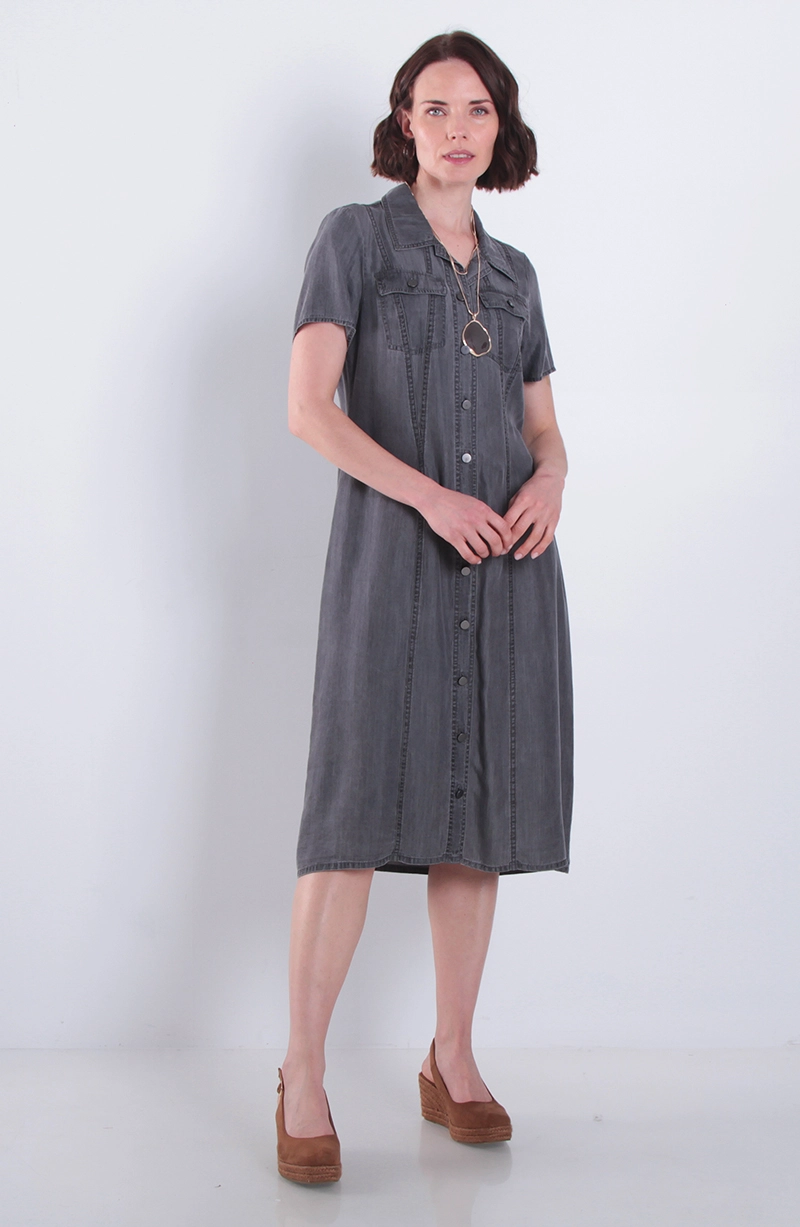 VESTIDO MANGA CORTA TENCEL ABOTONADA DELANTERO Y BOLSILLLOS - 1