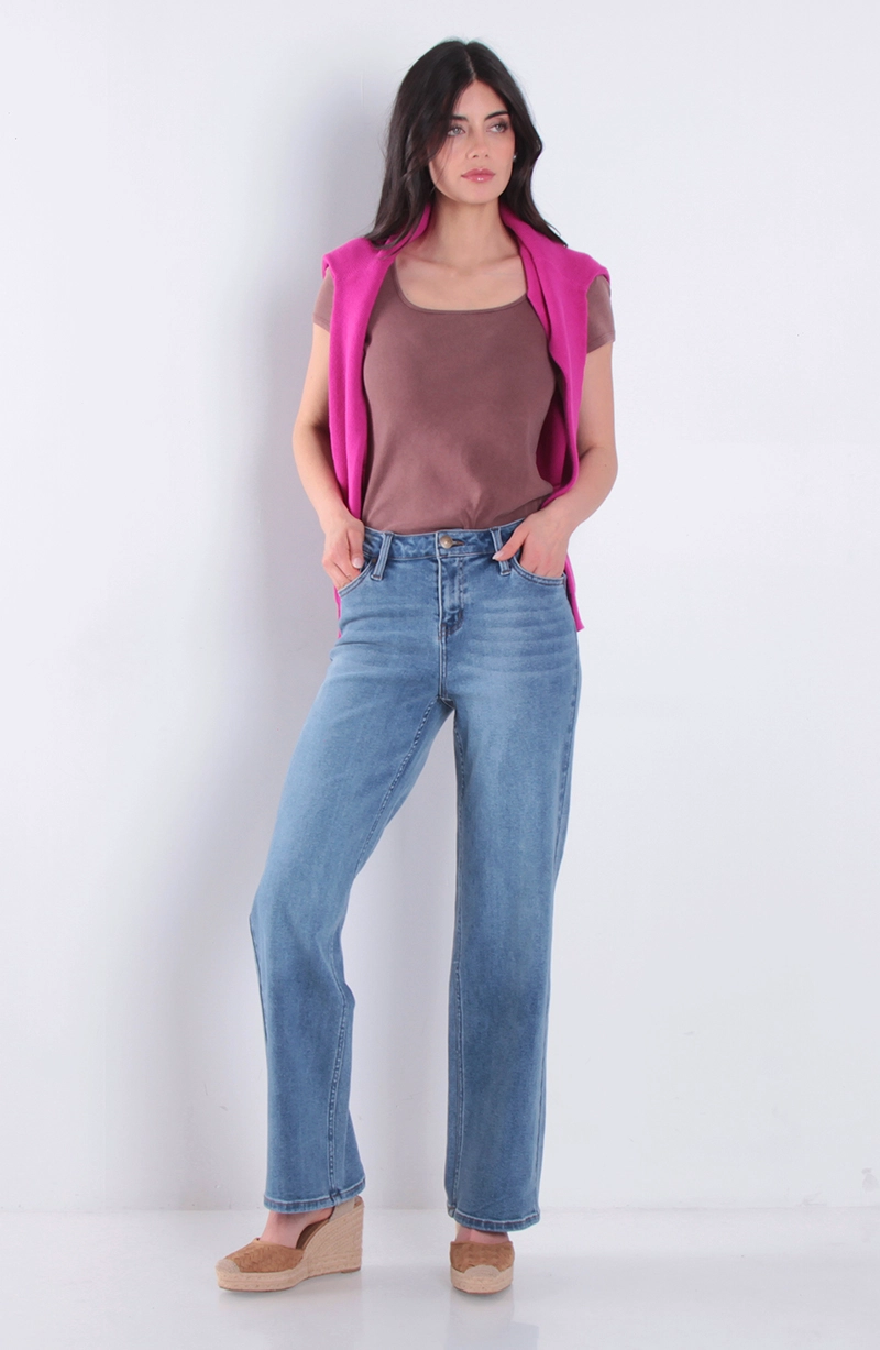 JEANS MUJER WIDE LEG TIRO ALTO PRETINA BASICA 1 BOTON - 3