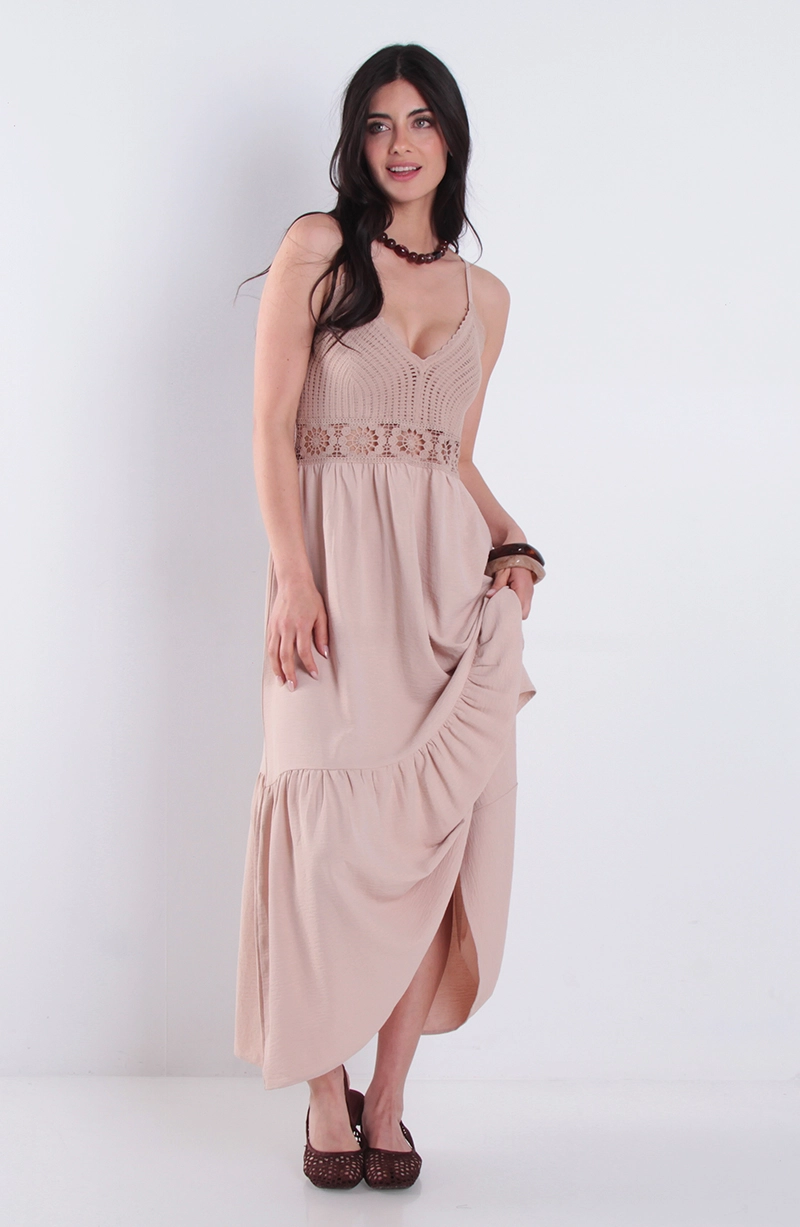 VESTIDO LARGO SIN MANGA BUSTO TEJIDO CON CINTURA ELASTICADA - 1