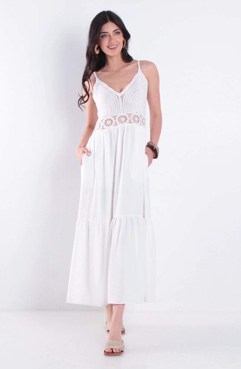 VESTIDO LARGO SIN MANGA BUSTO TEJIDO CON CINTURA ELASTICADA - 1