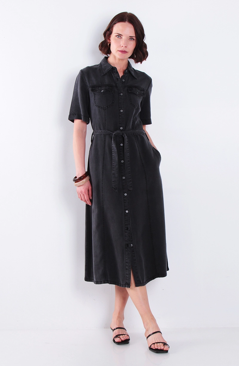 VESTIDO LYOCELL MANGA CORTA CON BOLSILLOS Y LAZO EN CINTURA - 1