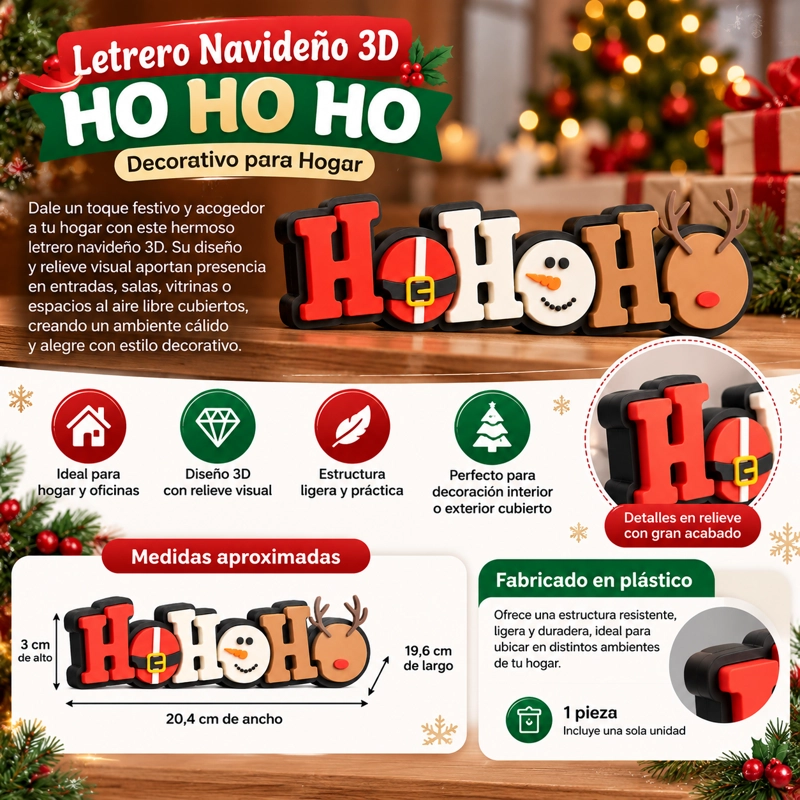 Letrero Navideño 3D HO HO HO Decorativo para Hogar - 4