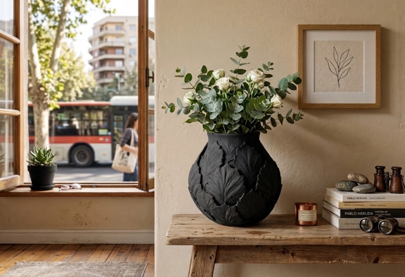 JARRON BOTANICO DECORATIVO NEGRO 18 CM MODERNO PARA HOGAR - 1