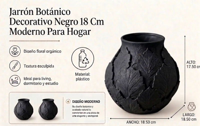JARRON BOTANICO DECORATIVO NEGRO 18 CM MODERNO PARA HOGAR - 2
